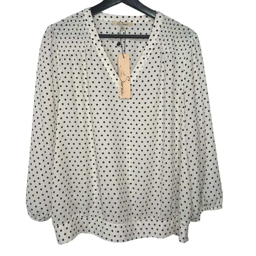 NWT Stitch Fix Les Serein Polka Dot Blouse size Large White/Black V-Neck Top